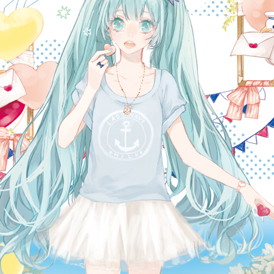 bad_id bad_pixiv_id blue_eyes blue_hair hatsune_miku jewelry letter long_hair love_letter lowres necklace open_mouth shirt skirt solo t-shirt vocaloid yua_(tick-tack)