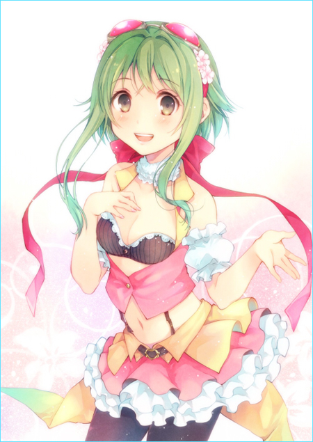 :d bad_id bad_pixiv_id black_legwear blush bra breasts cleavage detached_sleeves frilled_skirt frills green_hair gumi hair_ribbon hand_on_own_chest medium_breasts midriff navel open_mouth ousaka_nozomi pantyhose puffy_detached_sleeves puffy_sleeves ribbon short_hair_with_long_locks sidelocks skirt smile solo underwear vocaloid