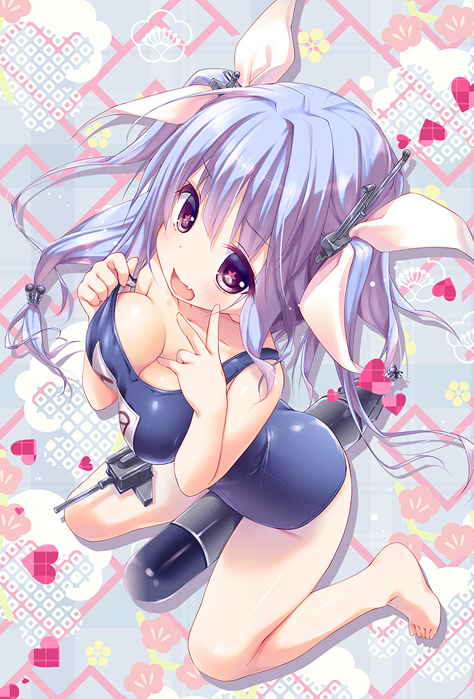 banned_artist barefoot blue_hair blush breasts cleavage fang hair_ornament hair_ribbon i-19_(kantai_collection) kantai_collection konomi_(kino_konomi) large_breasts long_hair one-piece_swimsuit open_mouth red_eyes ribbon school_swimsuit solo star star-shaped_pupils swimsuit symbol-shaped_pupils torpedo twintails