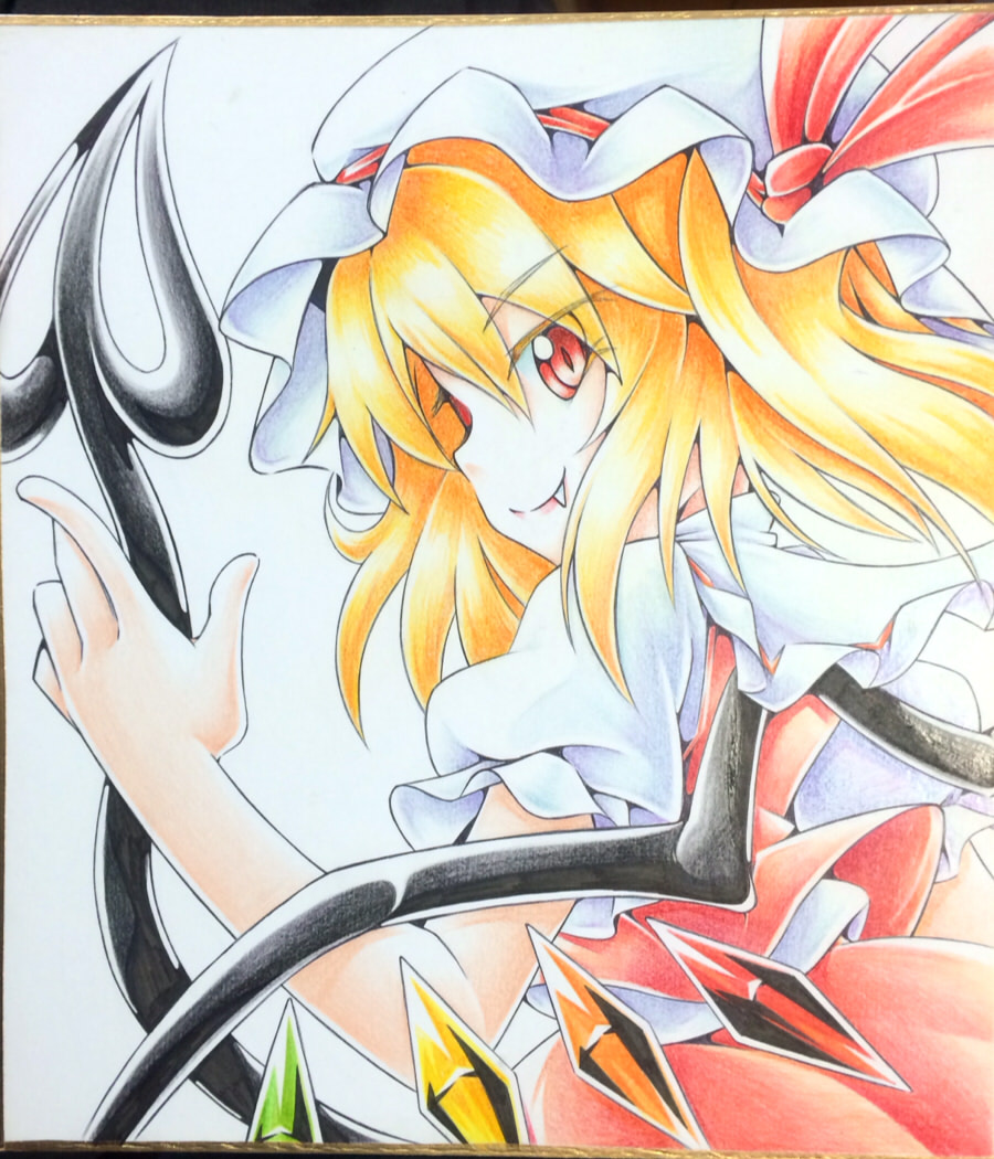blonde_hair colored_eyelashes crystal dress fang fang_out faux_traditional_media flandre_scarlet hat hat_ribbon laevatein lips looking_back monopollyan puffy_short_sleeves puffy_sleeves red_dress red_eyes ribbon short_hair short_sleeves skirt skirt_set solo touhou vampire wings