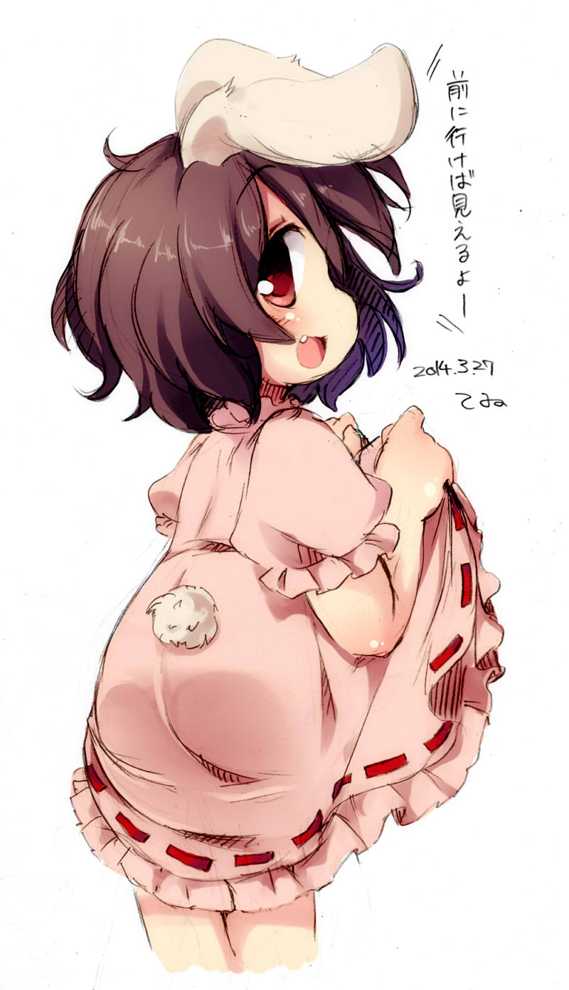 animal_ears blush brown_hair bunny_ears bunny_tail dress dress_lift fang highres inaba_tewi matatabi_(nigatsu) open_mouth pink_dress red_eyes short_hair smile solo tail touhou translated