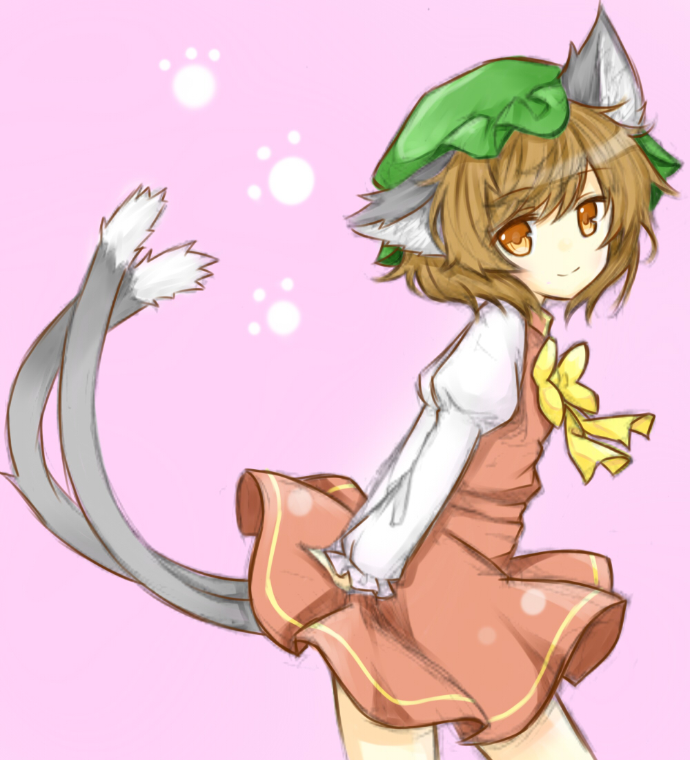 animal_ears arms_behind_back bad_id bad_pixiv_id bow brown_hair cat_ears cat_tail chen ellipsis_(mitei) hat juliet_sleeves long_sleeves looking_at_viewer mob_cap multiple_tails orange_eyes paw_print pink_background puffy_sleeves short_hair simple_background sketch skirt skirt_set smile solo tail touhou