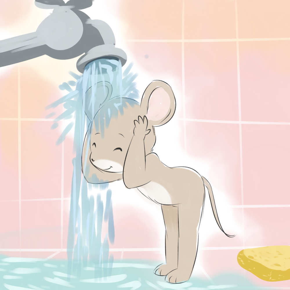 c&#233;lestine cub ernest_and_c&#233;lestine ernest_and_c&eacute;lestine mammal mouse nude rodent shower solo standing unknown_artist water wet young