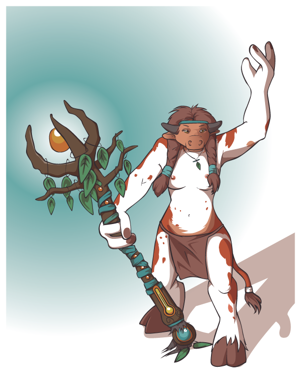 anthro bovine breasts brown_eyes druid female gradient_background headband hooves horde horn jewelry leaves lighting loincloth magic_user mammal necklace nipples polearm pose solo staff tauren thenookie tribal_spellcaster video_games warcraft weapon world_of_warcraft
