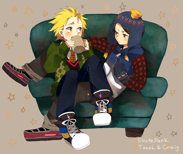 bad_id bad_pixiv_id beanie black_hair blonde_hair blue_eyes chair character_name copyright_name craig_tucker cup eye_contact gloves hat looking_at_another male_focus middle_finger mug multiple_boys naoko_(juvenile) necktie sitting sitting_on_lap sitting_on_person south_park sweater tweek_tweak yellow_eyes