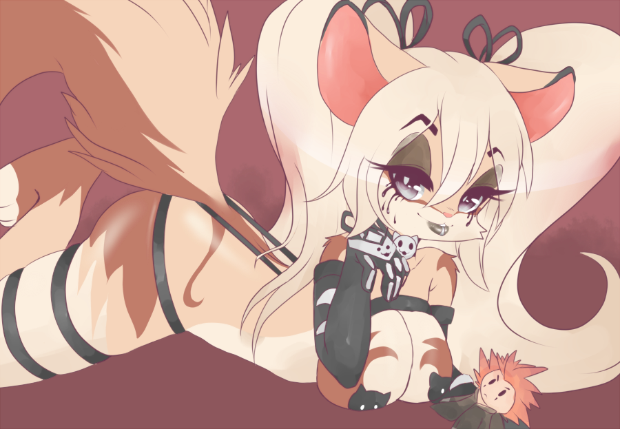 3_toes bedroom_eyes beige_hair big_breasts bound bow breasts brown_fur coffeechicken collar elbow_gloves female fluffy_tail fur gloves goth hair long_hair looking_at_viewer makeup multicolor_fur on_stomach pigtails plain_background smile solo tan_fur two_tone_fur unknown_species