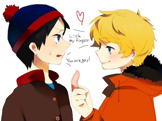 bad_id bad_pixiv_id beanie black_hair blonde_hair blue_eyes coat condom english eye_contact hat heart hood kenny_mccormick looking_at_another multiple_boys naoko_(juvenile) open_mouth simple_background smile south_park stan_marsh sweatdrop white_background