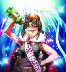 alcohol black_hair black_lagoon blush bottle breasts cape champagne chibi confetti crown drinking drunk fingerless_gloves gloves hand_on_hip hiroe_rei lowres medium_breasts ponytail revy_(black_lagoon) sash solo