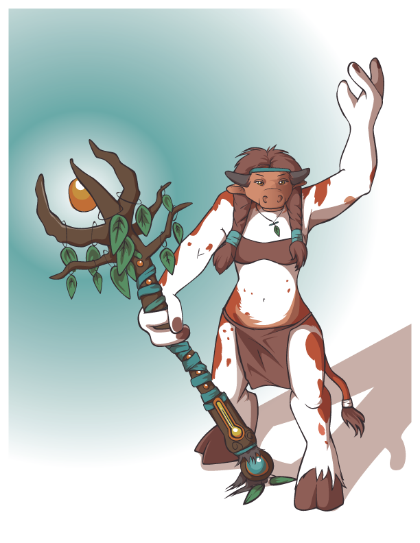 anthro bovine breasts brown_eyes druid female gradient_background headband hooves horde horn jewelry leaves lighting loincloth magic_user mammal necklace polearm pose solo staff tauren thenookie tribal_spellcaster underwear video_games warcraft weapon world_of_warcraft