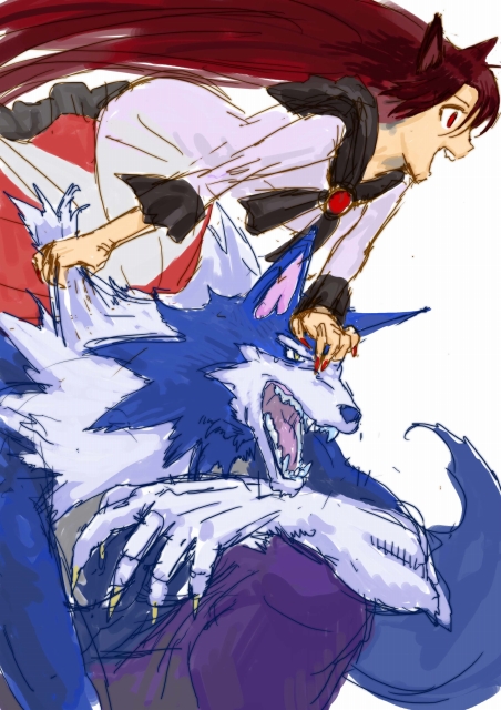animal_ears brown_hair claws crossover gallon imaizumi_kagerou long_hair masaeko_(goldaccent) pants purple_pants touhou trait_connection vampire_(game) werewolf white_background wolf_ears
