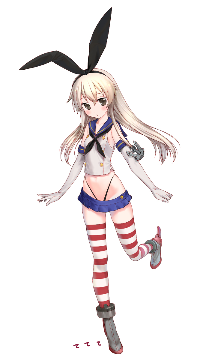 anchor blonde_hair blush brown_eyes elbow_gloves gloves hairband hechi highres kantai_collection long_hair navel shimakaze_(kantai_collection) simple_background skirt solo striped striped_legwear thighhighs white_background