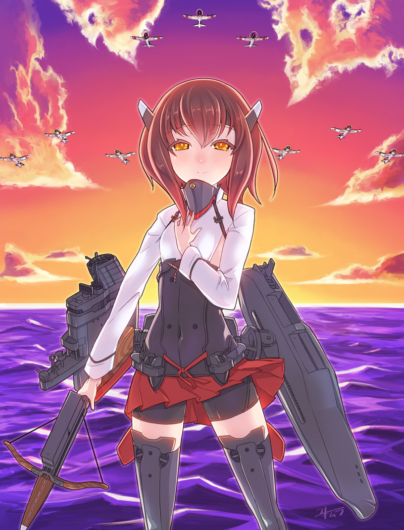 bike_shorts blush brown_eyes brown_hair commentary_request hand_on_own_chest kantai_collection looking_at_viewer pleated_skirt short_hair skirt smile solo taihou_(kantai_collection) tears thighhighs yukimura_tsubame