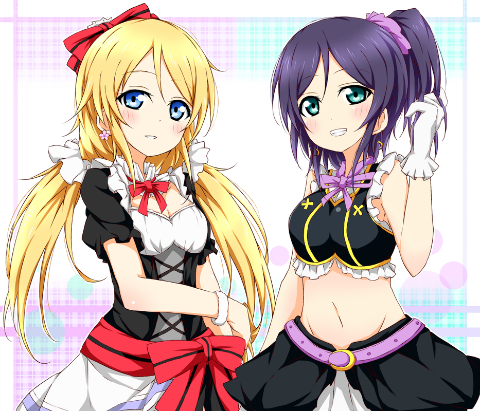 alternate_hairstyle aqua_eyes ayase_eli blonde_hair blue_eyes blush bow bracelet earrings gloves grin hair_bow hairstyle_switch hand_in_hair jewelry karamoneeze looking_at_viewer love_live! love_live!_school_idol_project low_twintails midriff mogyutto_"love"_de_sekkin_chuu! multiple_girls navel no_brand_girls ponytail puffy_sleeves purple_hair purple_scrunchie sash scrunchie shirt short_sleeves skirt skirt_set sleeveless sleeveless_shirt smile toujou_nozomi twintails white_gloves white_scrunchie