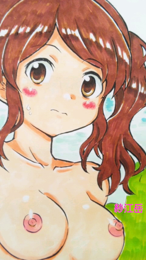 1girl amagami artist_request blush breasts brown_eyes brown_hair female long_hair mehonobu_g nakata_sae nipples nude solo sweat traditional_media twintails