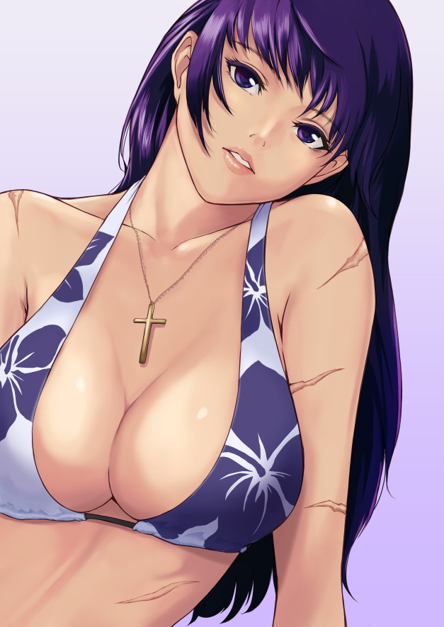 bikini_top black_lagoon breasts cleavage cross din_(raiden) floral_print halterneck jewelry large_breasts long_hair looking_at_viewer necklace parted_lips purple_eyes purple_hair roberta_(black_lagoon) scar shiny shiny_skin solo strap_gap upper_body