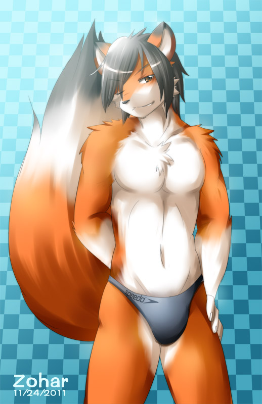 alty blue_background bulge canine fox looking_at_viewer male mammal one_eye_closed plain_background solo speedo swimsuit wink zoharwolf
