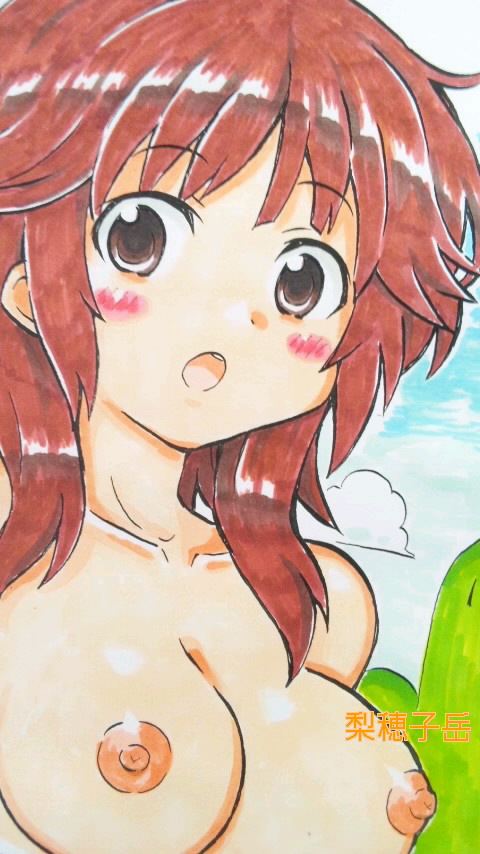 1girl amagami artist_request blush breasts brown_eyes brown_hair female mehonobu_g nipples nude open_mouth sakurai_rihoko short_hair solo traditional_media