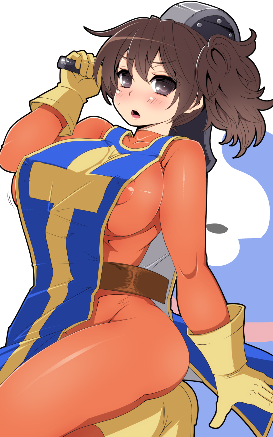 blush bodysuit breasts brown_hair covered_nipples dragon_quest dragon_quest_iii gloves hanauna highres kaga_(kantai_collection) kantai_collection large_breasts nipples open_mouth orange_bodysuit priest_(dq3) short_hair side_ponytail tabard