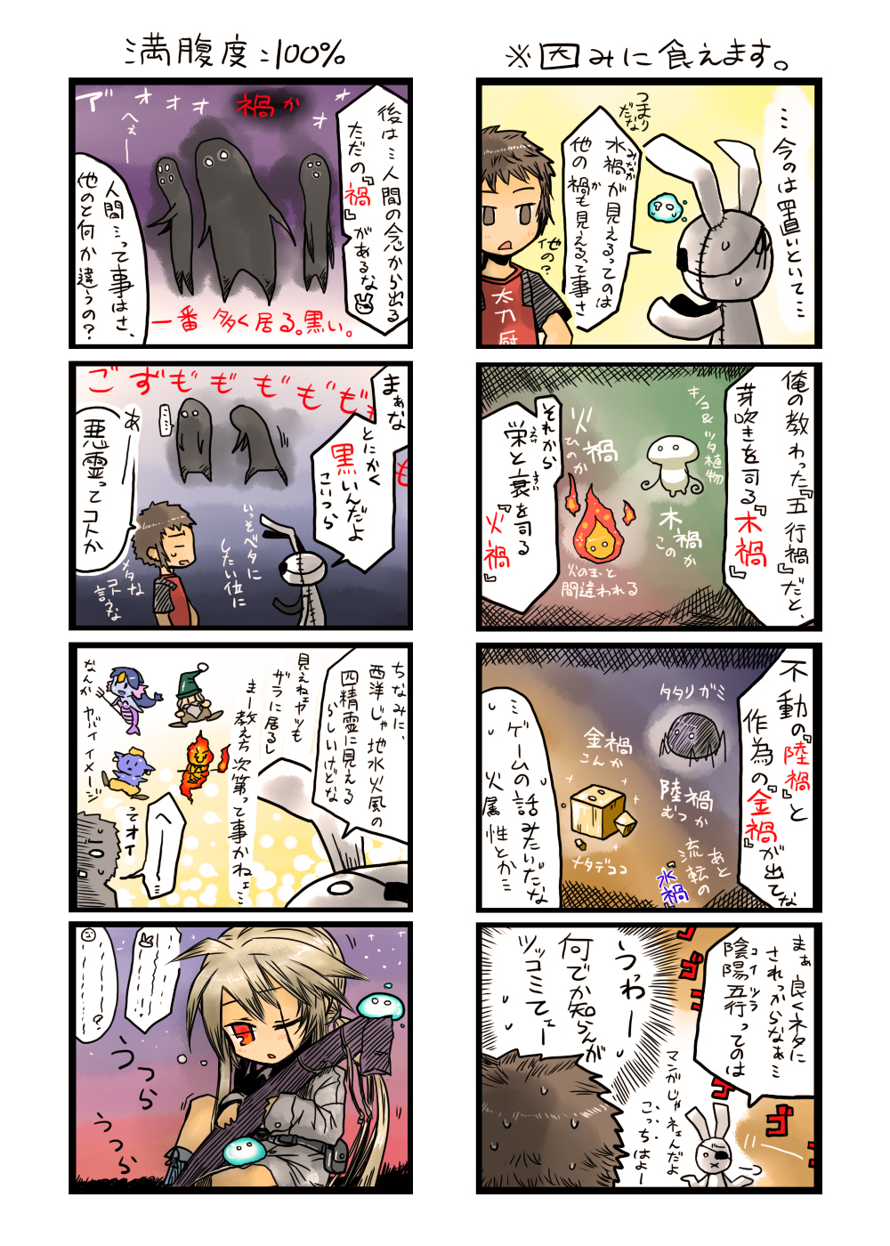 1girl 4koma blonde_hair brown_hair comic commentary eyepatch hatamoto_(kotoba) highres hinomaru_(kotoba) kotoba_noriaki long_hair multiple_4koma original red_eyes stuffed_animal stuffed_bunny stuffed_toy translated