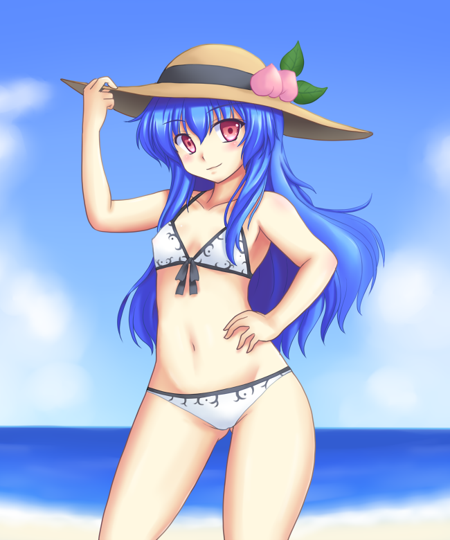 alternate_costume bikini blue_hair blush bow breasts covered_nipples curvy day food fruit hand_on_hip hat hinanawi_tenshi isaki_(gomi) long_hair looking_at_viewer navel peach red_eyes small_breasts smile solo swimsuit touhou white_bikini