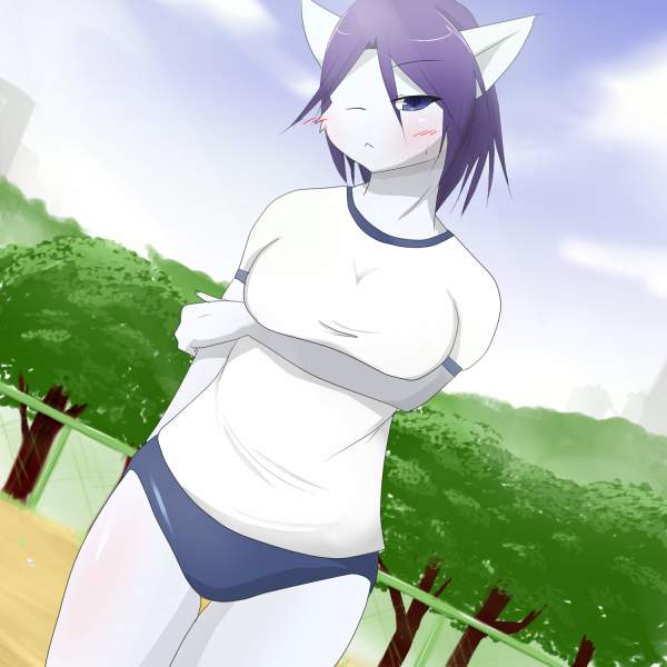 blush breasts clothed clothing female hair japanese_clothing looking_at_viewer outside shirt standing tsubasa1110