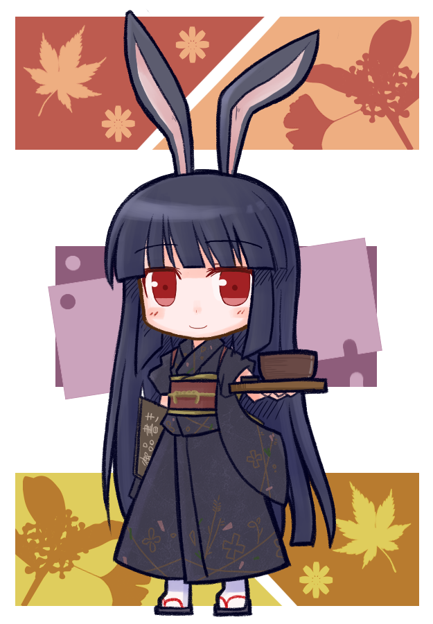 animal_ears bunny_ears chibi japanese_clothes kimono long_hair original red_eyes smile solo tsukimi_(yukinagi) tsukimi_shokudouki yukinagi