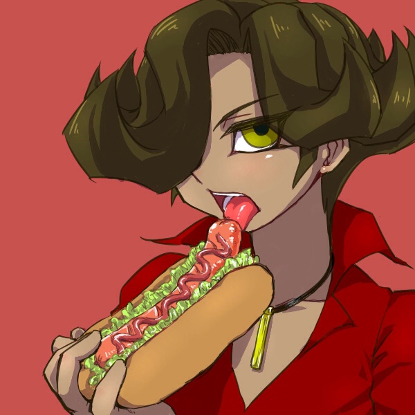 1boy alit brown_hair clothed dark_skin food green_eyes hair_over_one_eye hands hot_dog hotdog jewelry lick licking male male_focus necklace sexually_suggestive solo teeth tongue yu-gi-oh!