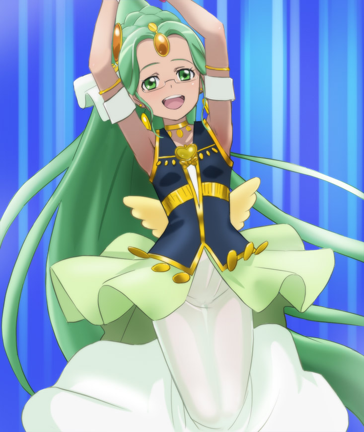 armpits arms_up blue_background glasses green_eyes green_hair green_haired_cure_(wonderful_net_precure)_(happinesscharge_precure!) happinesscharge_precure! haruyama_kazunori heart long_hair magical_girl no_panties open_mouth precure see-through solo very_long_hair