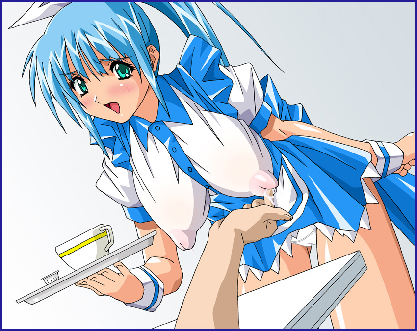 90s blue_hair breasts cameltoe coffee cosplaymix cup erect_nipples game game_cg gradient gradient_background lactation male_hand milk oldschool panties shirt table underwear waitress wet wet_clothes wet_shirt yamashita_toshinari