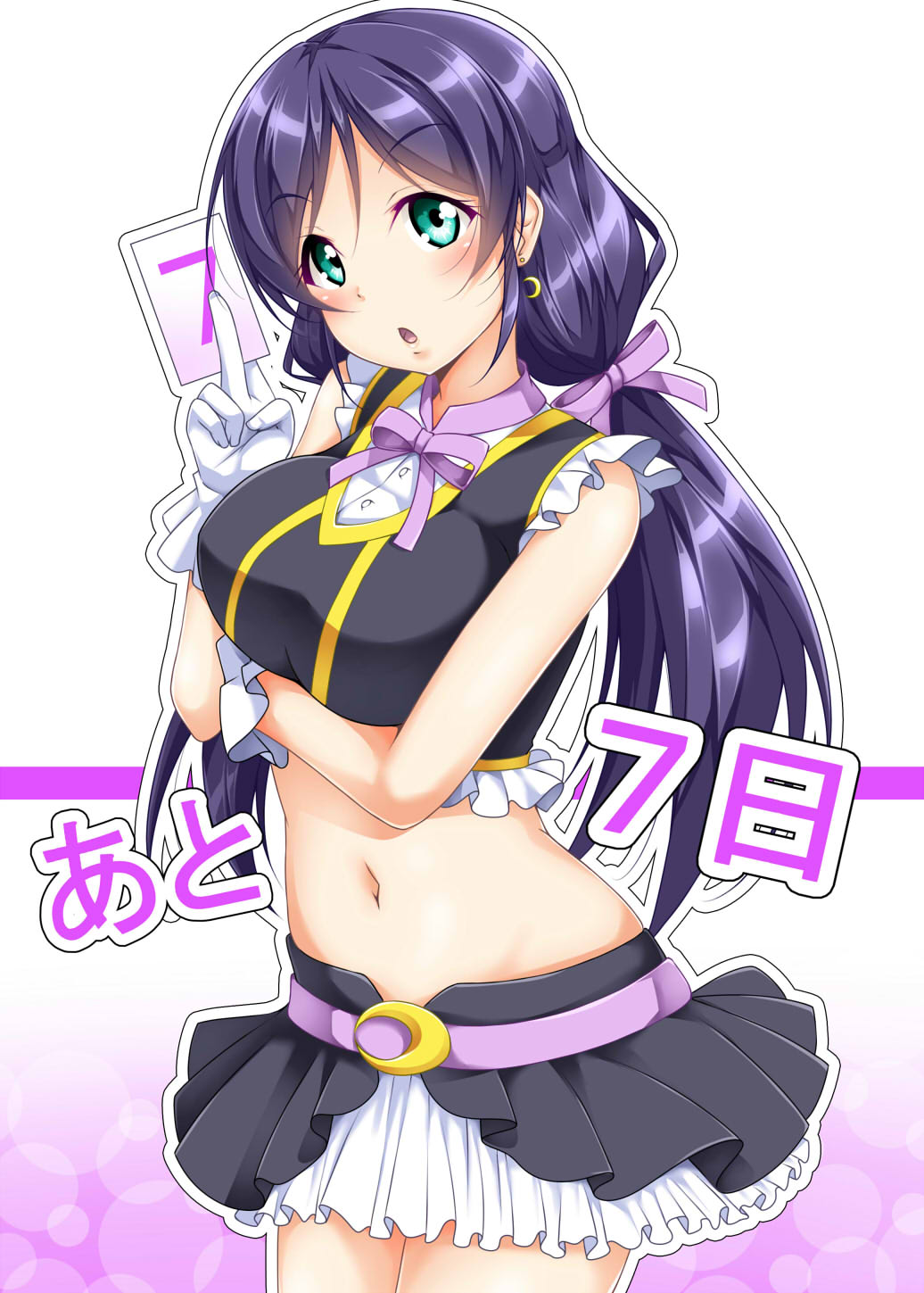 :o blush breasts card cowboy_shot crescent_moon crop_top earrings frills gloves green_eyes hair_ribbon highres holding idol jewelry large_breasts long_hair love_live! love_live!_school_idol_project low_twintails midriff moon navel no_brand_girls number open_mouth purple_hair ribbon shirt skirt solo standing toujou_nozomi twintails white_gloves yopparai_oni