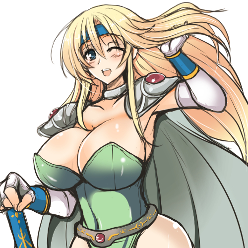 ;d blonde_hair blue_eyes blush breasts cape celes_chere cleavage final_fantasy final_fantasy_vi gloves green_leotard headband huge_breasts leotard long_hair looking_at_viewer lowres one_eye_closed open_mouth shiny shiny_skin shoulder_pads simple_background smile solo white_background yasakani_an