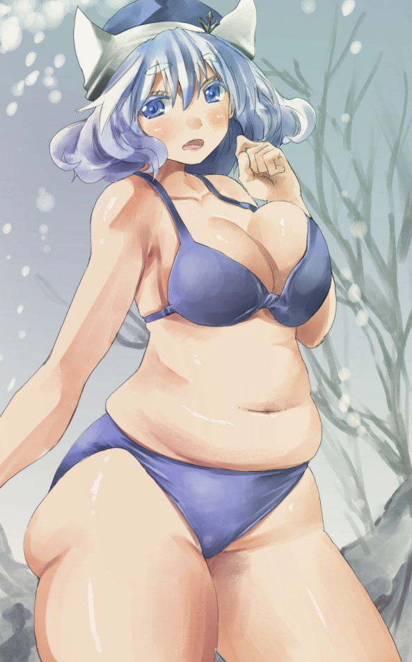 bare_shoulders blue_bra blue_eyes blue_hair blue_panties bra clenched_teeth hat letty_whiterock looking_at_viewer navel open_clothes open_shirt panties plump shirt short_hair solo teeth touhou underwear underwear_only yohane