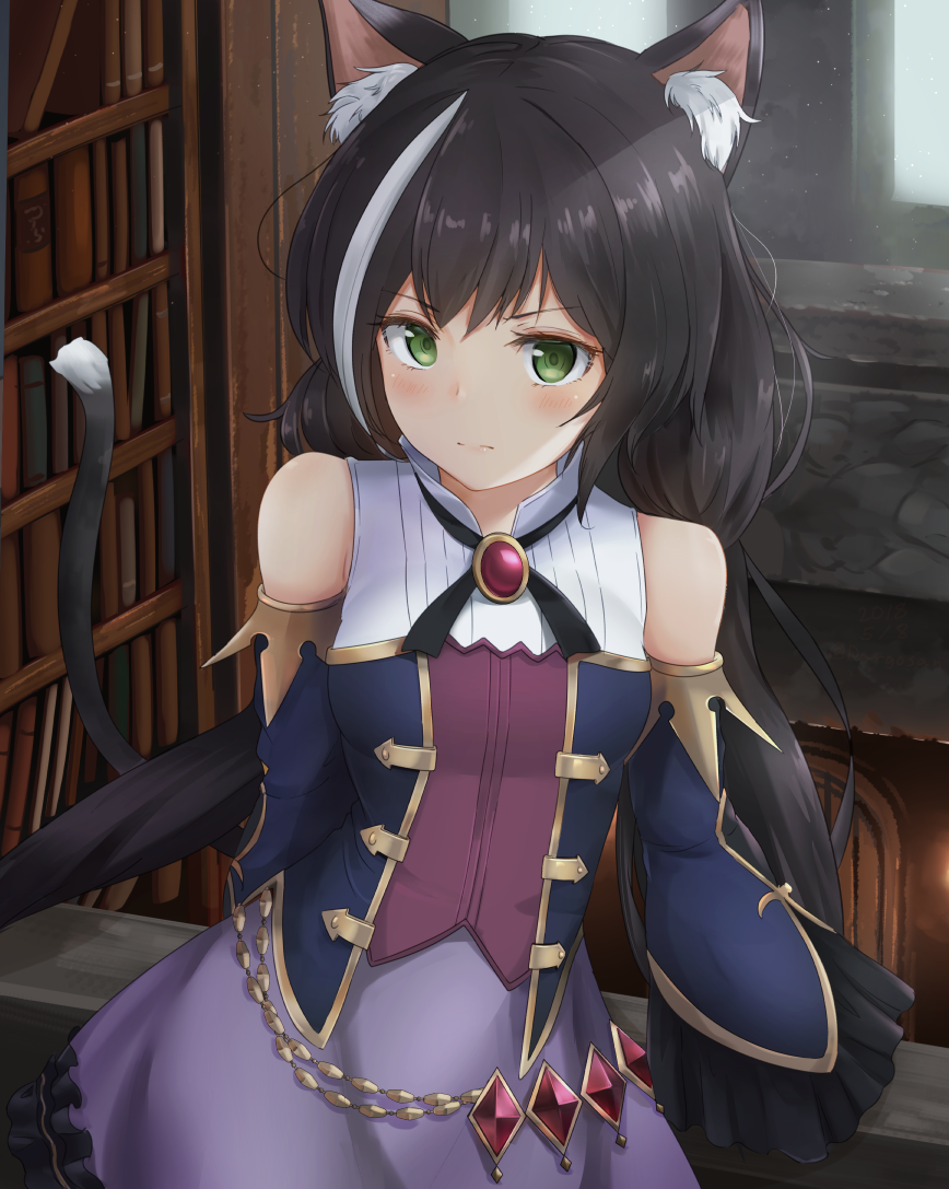 animal_ears black_hair blush bookshelf cat_ears cat_tail commentary_request dargo detached_sleeves gem green_eyes kyaru_(princess_connect) long_hair looking_at_viewer low_twintails multicolored_hair princess_connect! princess_connect!_re:dive sleeveless tail twintails vest