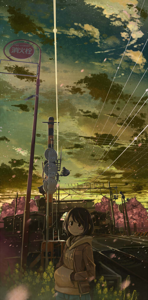 blush_stickers brown_eyes brown_hair building cherry_blossoms cloud english hands_in_pockets looking_at_viewer nabana original petals railroad_crossing railroad_tracks scenery short_hair signpost sky solo standing tree