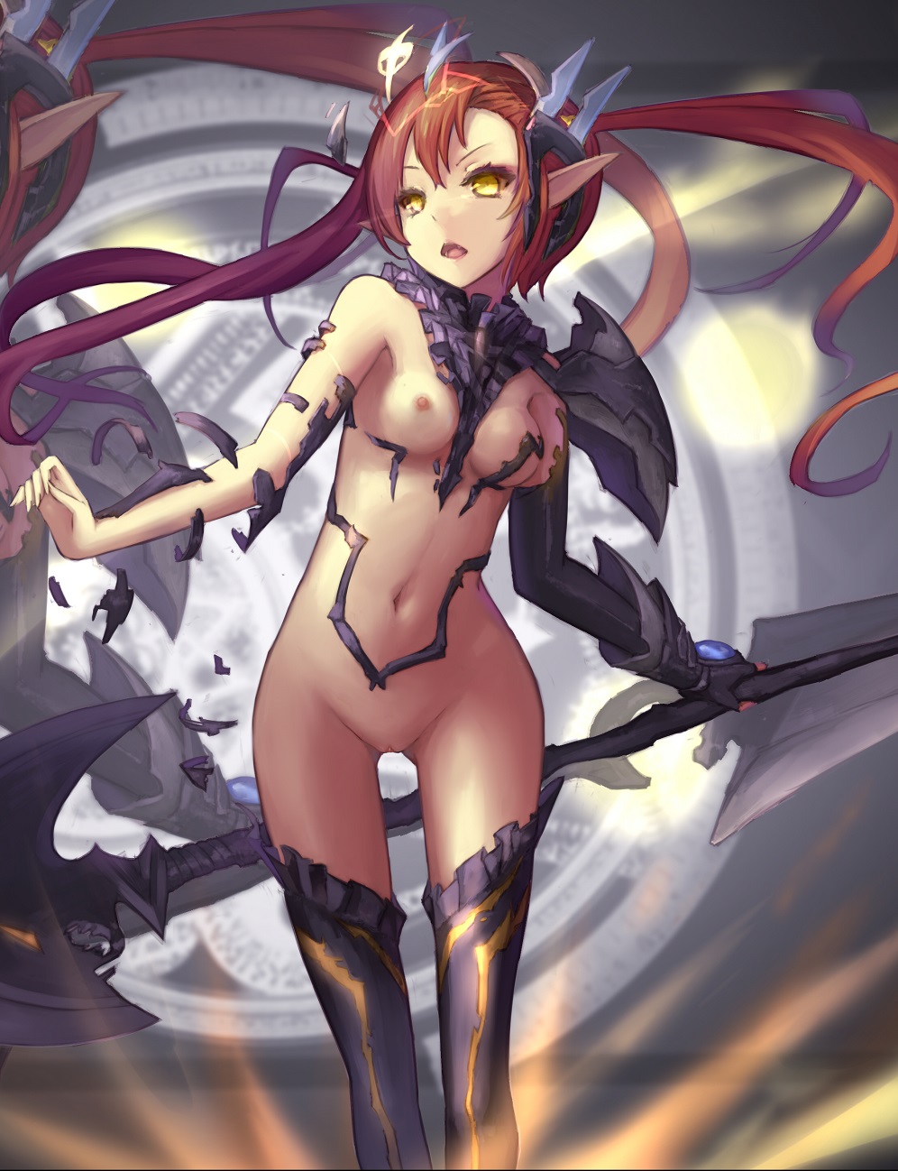 bad_id bad_pixiv_id battle_mage_(dungeon_and_fighter) breasts brown_eyes brown_hair dungeon_and_fighter highres long_hair mage_(dungeon_and_fighter) nipples pointy_ears pussy small_breasts solo thigh_gap twintails uncensored wangchuan_de_quanyan weapon yellow_eyes