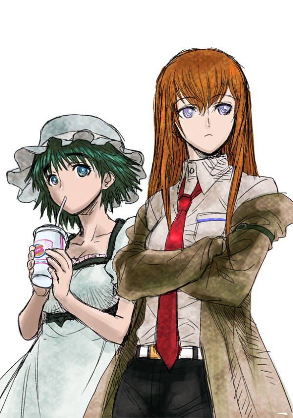 blue_eyes brown_hair burger_king crossed_arms dress drink drinking drinking_straw green_hair hat hiroe_rei long_hair makise_kurisu multiple_girls necktie red_neckwear shiina_mayuri short_hair steins;gate