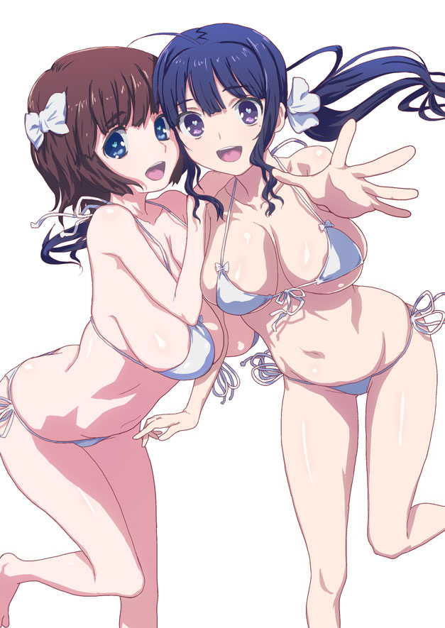barefoot bikini blue_eyes blue_hair blush breasts brown_hair eyebrows_visible_through_hair floating_hair front-tie_top hair_ribbon halter_top halterneck hirose_(mokiki) large_breasts long_hair multiple_girls navel open_mouth original outstretched_arm outstretched_hand ponytail purple_eyes ribbon short_hair side-tie_bikini simple_background smile swimsuit upper_teeth white_background white_bikini