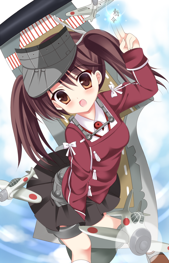 aircraft airplane brown_eyes brown_hair kantai_collection kurusu_ren long_hair open_mouth ryuujou_(kantai_collection) scroll skirt solo twintails visor_cap