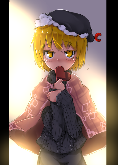 alternate_costume blonde_hair bloom blush crescent hat heart kazetto looking_at_viewer lunasa_prismriver pillarboxed ribbed_sweater short_hair solo sweater touhou valentine yellow_eyes