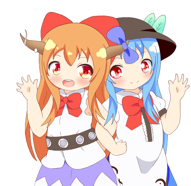 belt blue_hair bow dress hair_bow hand_on_hip hand_up hat hinanawi_tenshi horns ibuki_suika layered_dress leaf locked_arms long_hair looking_at_viewer mochigome_(mosamosa7) multiple_girls open_mouth orange_hair red_eyes shirt simple_background skirt sleeveless sleeveless_shirt smile touhou white_background younger