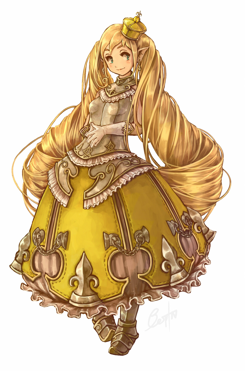 armor armored_dress bespin blonde_hair blue_eyes boots dress drill_hair earrings fantasy gloves hat highres jewelry long_hair original pointy_ears revision simple_background smile solo twin_drills twintails very_long_hair white_background yellow_dress