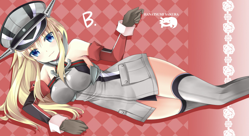 bismarck_(kantai_collection) blonde_hair blue_eyes blush breasts detached_sleeves gloves grey_legwear hat kantai_collection large_breasts long_hair looking_at_viewer lying military military_hat military_uniform on_side open_mouth peaked_cap sakura_hanatsumi smile solo thighhighs uniform