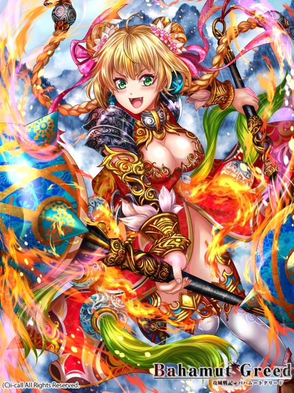 bahamut_greed blonde_hair braid breasts cleavage copyright_name crotalaria fangs green_eyes large_breasts long_hair original solo thighhighs