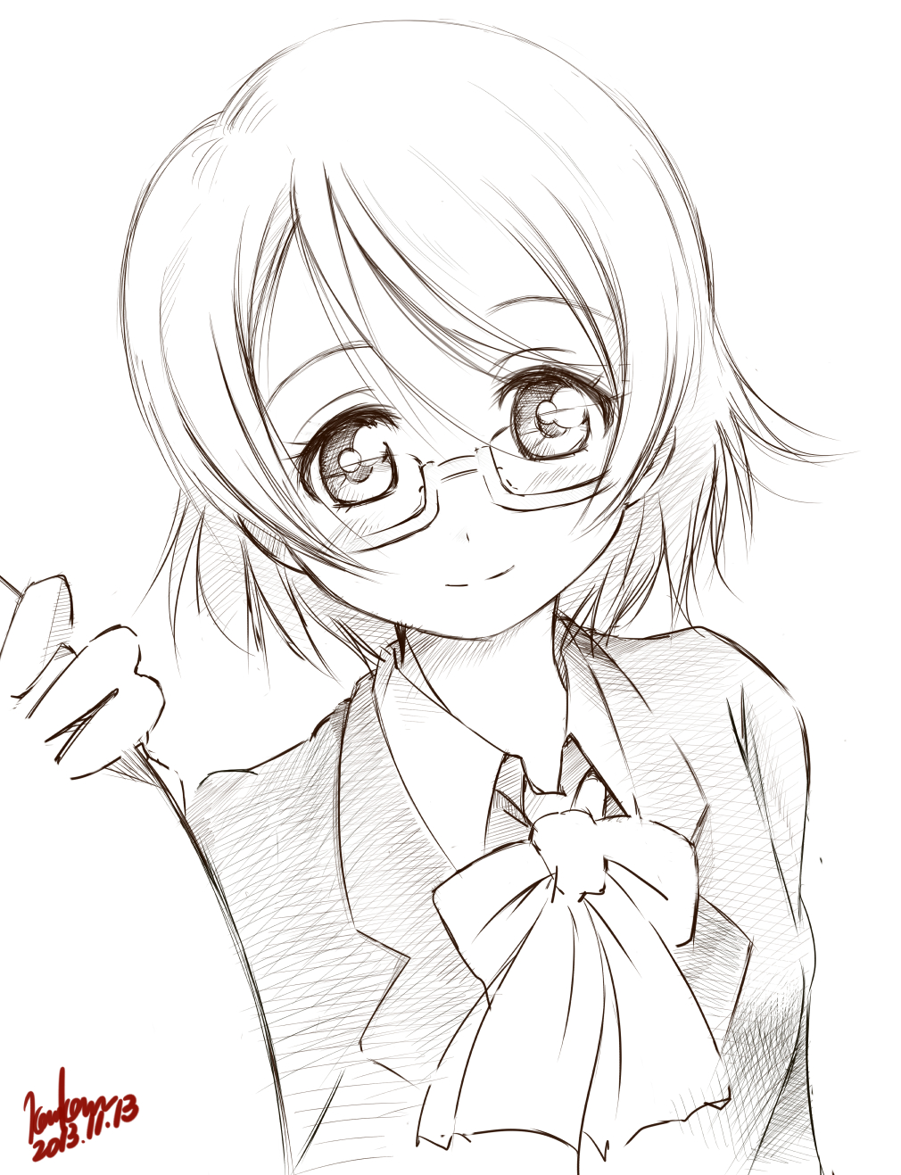 blazer bow dated glasses highres jacket kem_kem koizumi_hanayo looking_at_viewer love_live! love_live!_school_idol_project monochrome simple_background smile solo white_background