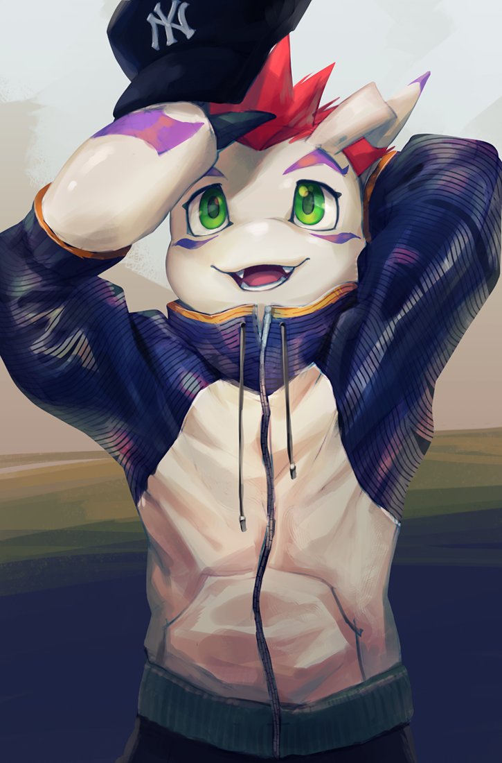 anthro big_claws big_forearms big_hands claws clothing digimon eyebrows fur gomamon green_eyes hair handpaw happy hat horn invalid_tag jacket kuron male marine metokuron noseless pants paws red_hair running_jacket smile teeth tongue