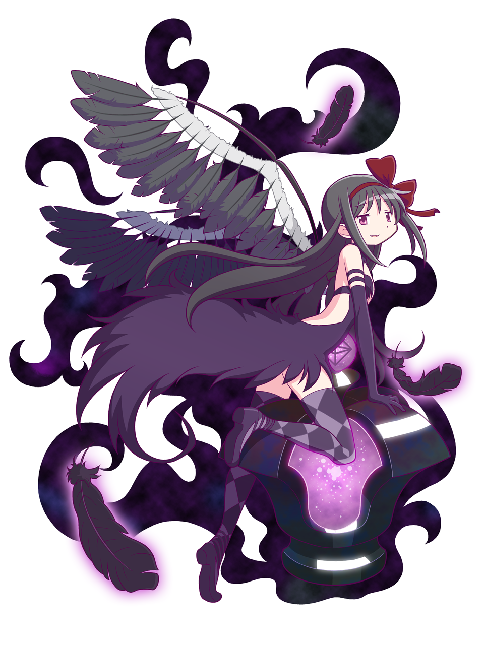 akemi_homura akuma_homura argyle argyle_legwear bare_shoulders black_dress black_feathers black_hair black_wings bow dark_orb_(madoka_magica) dress elbow_gloves feathered_wings gecchu gloves hair_bow heart highres long_hair looking_at_viewer mahou_shoujo_madoka_magica mahou_shoujo_madoka_magica_movie parted_lips purple_eyes simple_background solo thighhighs white_background wings