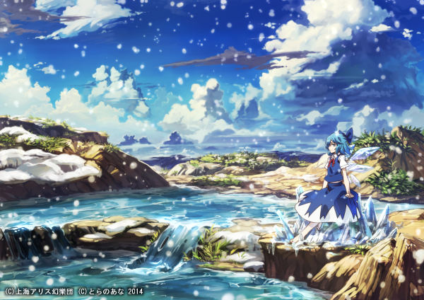 benitama blue_dress blue_eyes blue_hair blue_sky bow cirno cloud day dress hair_bow ice ice_wings looking_at_viewer rock shirt short_sleeves sky snowing solo touhou wings