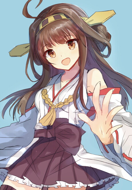 :d ahoge bare_shoulders brown_eyes brown_hair hairband hayama_eishi kantai_collection kongou_(kantai_collection) looking_at_viewer nontraditional_miko open_mouth skirt smile solo
