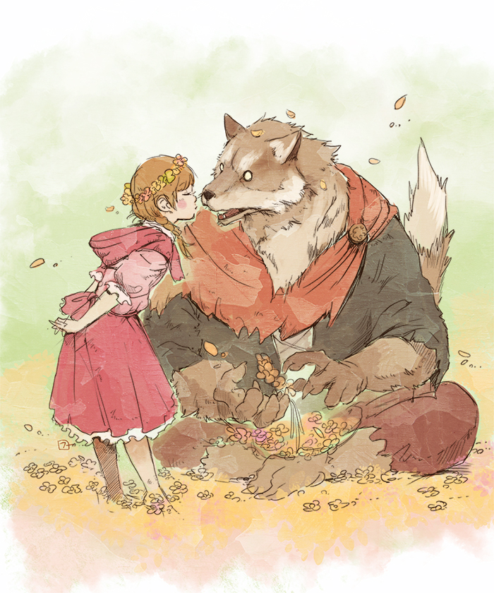 arms_behind_back big_bad_wolf blush braid brown_hair closed_eyes commentary flower fuji_q furry head_wreath kiss little_red_riding_hood little_red_riding_hood_(grimm) original sitting surprise_kiss surprised twin_braids wolf