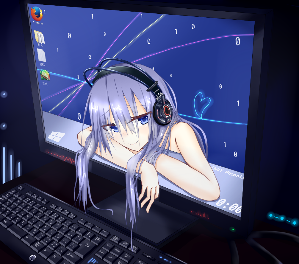 desktop fourth_wall headphones kouhii_kitsune lavender_hair long_hair monitor nude original smile solo